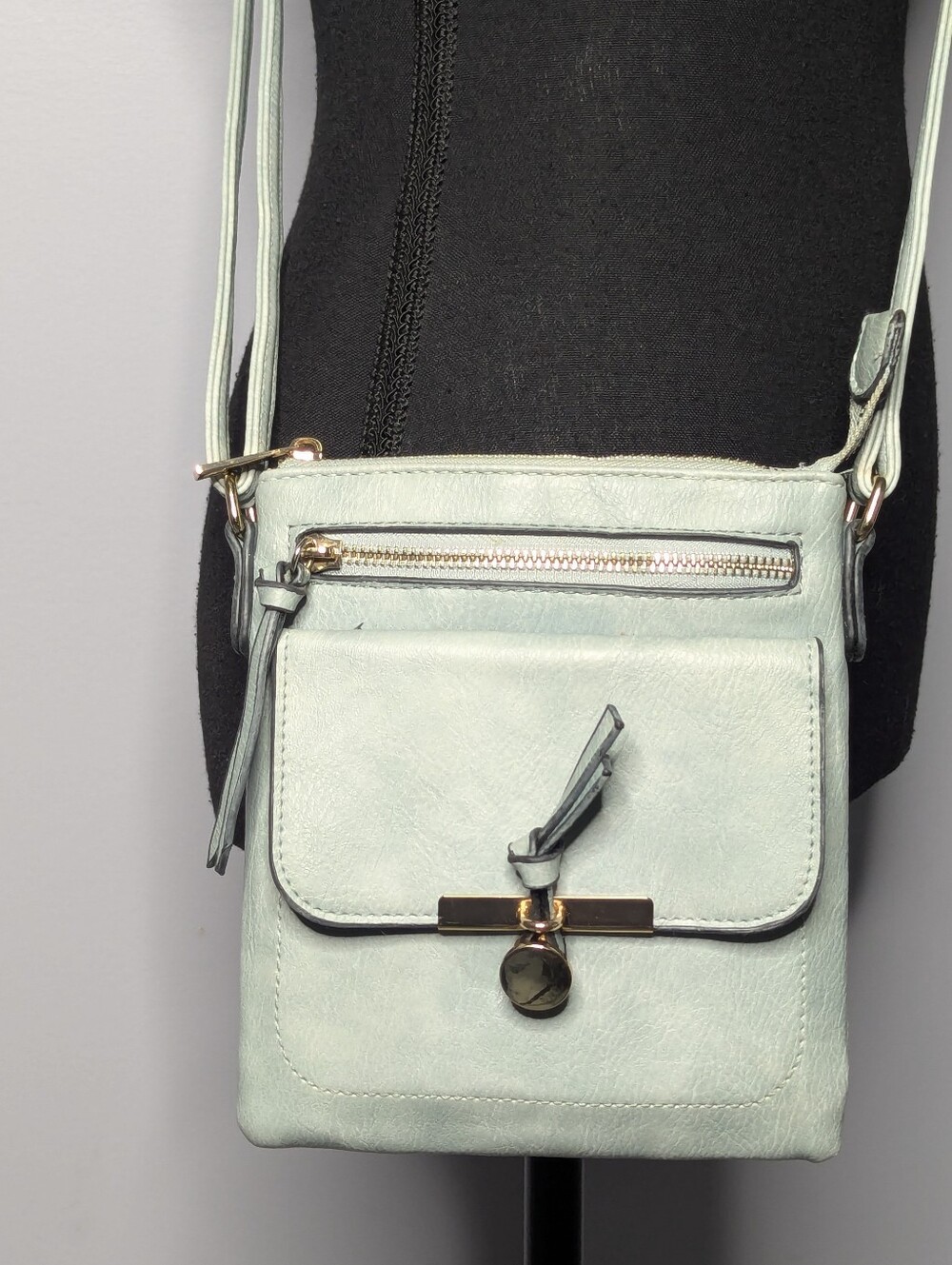 Emperia Mint Green Vegan Leather Double Zip Crossbody Bag T-Bar Twist Lock
